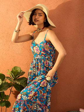 Blue Multi Floral V Neck Strappy Maxi Dress-Pink Paprika By SASSAFRAS