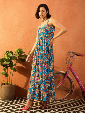 Blue Multi Floral V Neck Strappy Maxi Dress-Pink Paprika By SASSAFRAS