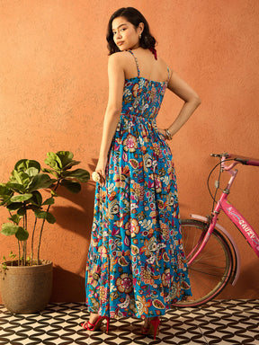 Blue Multi Floral V Neck Strappy Maxi Dress-Pink Paprika By SASSAFRAS
