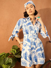 Blue & White Floral Front Button Belted Short Dress-Pink Paprika By SASSAFRAS