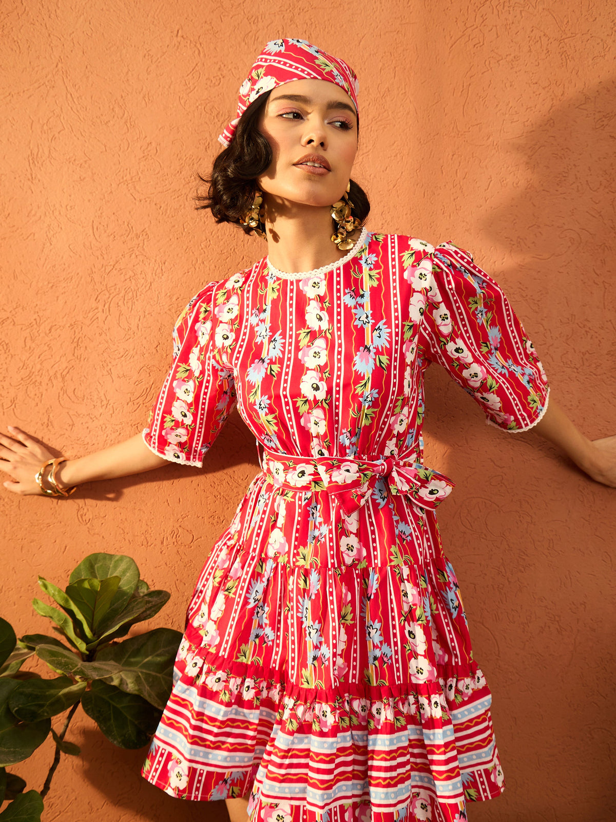 Red Floral Round Neck Short Tired Dress-Pink Paprika By SASSAFRAS
