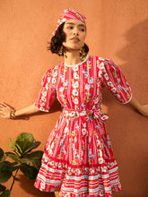 Red Floral Round Neck Short Tired Dress-Pink Paprika By SASSAFRAS