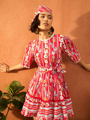 Red Floral Round Neck Short Tired Dress-Pink Paprika By SASSAFRAS