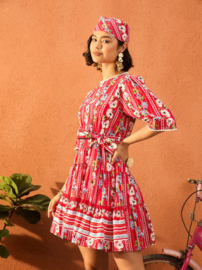 Red Floral Round Neck Short Tired Dress-Pink Paprika By SASSAFRAS