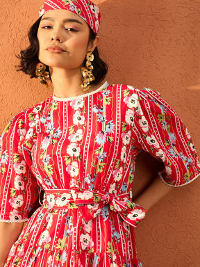 Red Floral Round Neck Short Tired Dress-Pink Paprika By SASSAFRAS