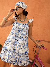 Blue & White Floral Strappy Tired Frill Short Dress-Pink Paprika By SASSAFRAS