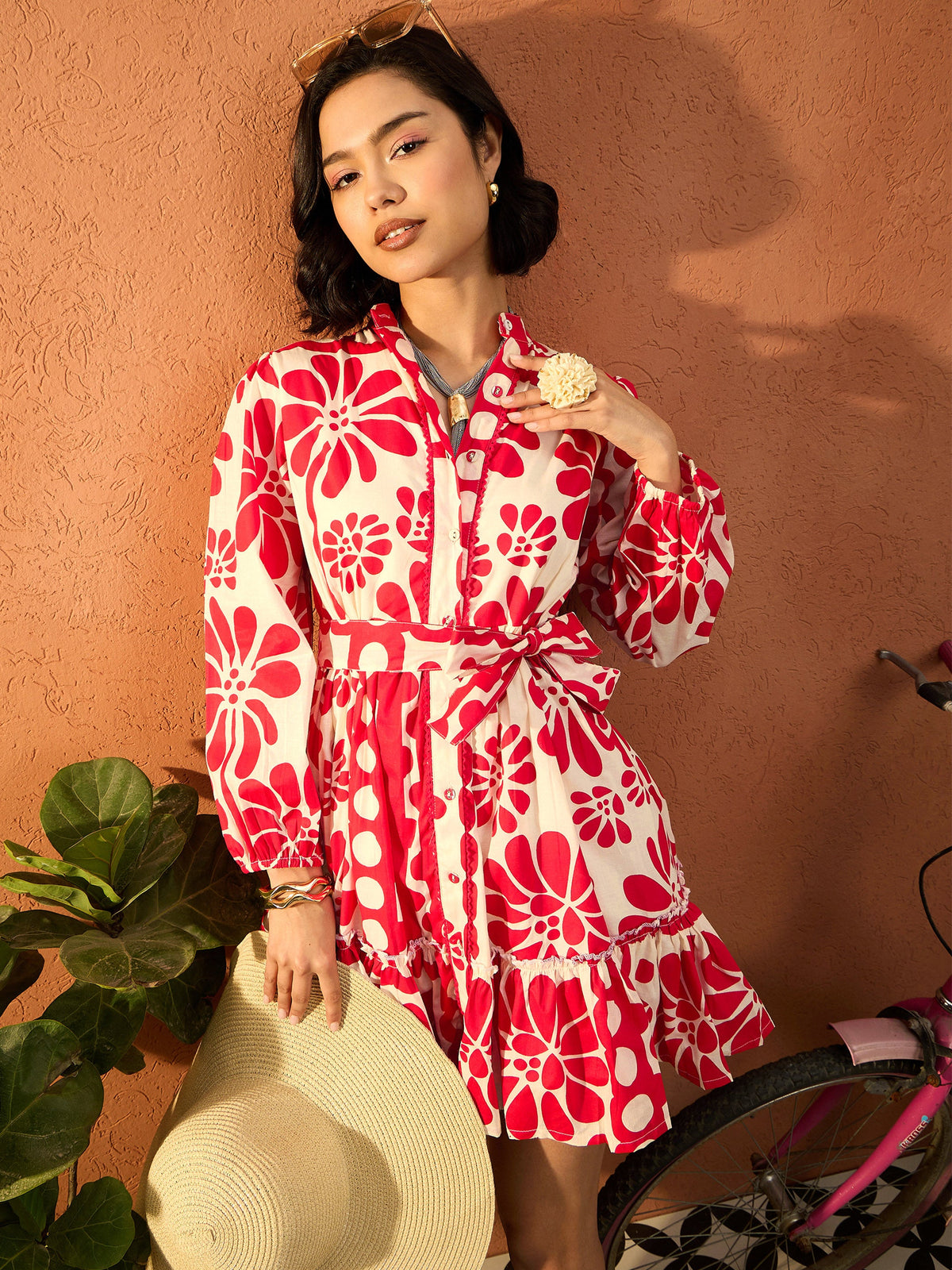 Red & Beige Floral Front Button Short Dress-Pink Paprika By SASSAFRAS
