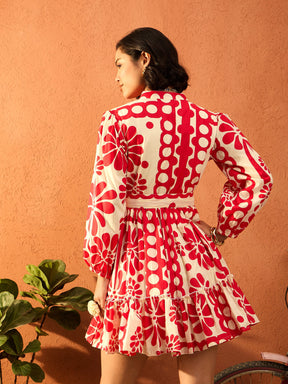 Red & Beige Floral Front Button Short Dress-Pink Paprika By SASSAFRAS