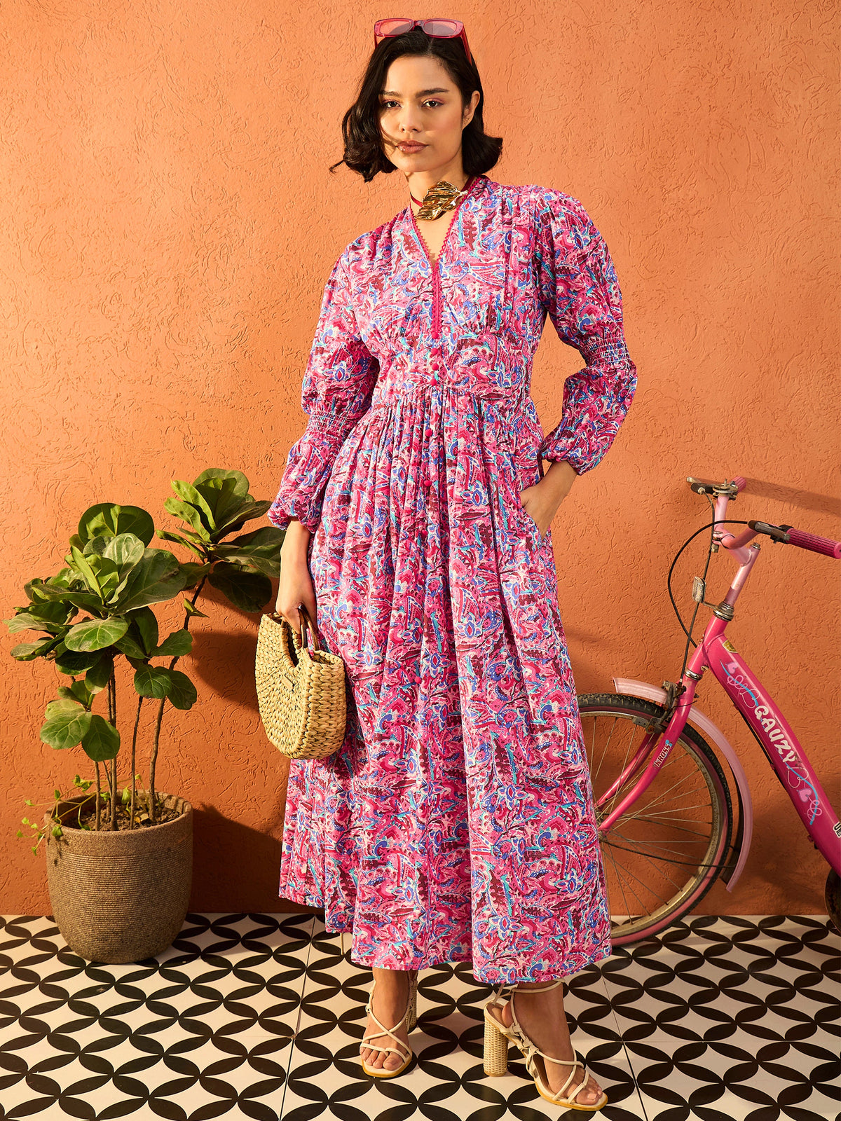 Pink Paisley V Neck Gathered Maxi Dress-Pink Paprika By SASSAFRAS