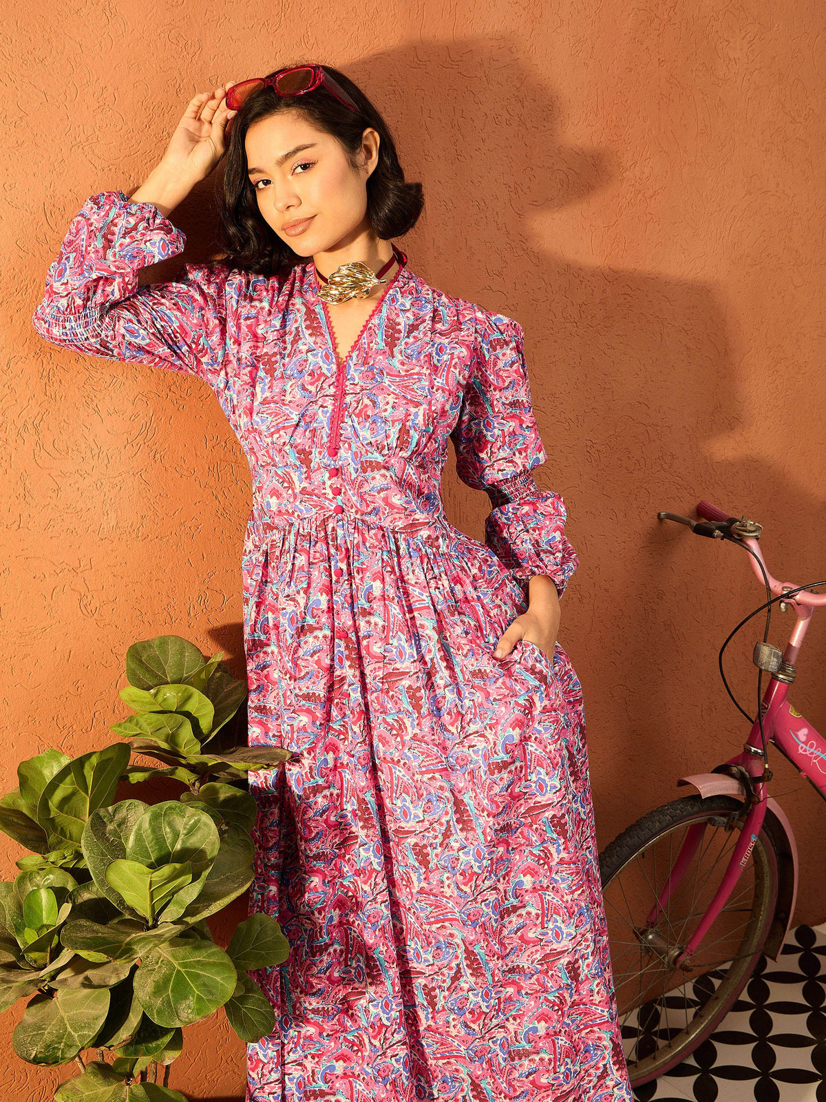 Pink Paisley V Neck Gathered Maxi Dress-Pink Paprika By SASSAFRAS
