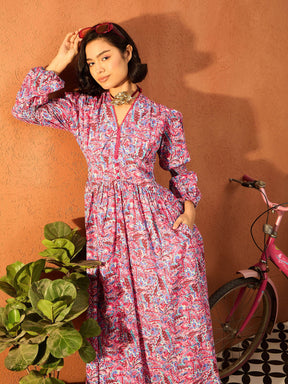 Pink Paisley V Neck Gathered Maxi Dress-Pink Paprika By SASSAFRAS