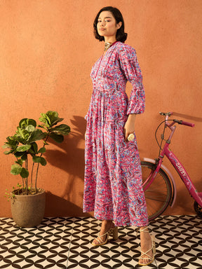 Pink Paisley V Neck Gathered Maxi Dress-Pink Paprika By SASSAFRAS
