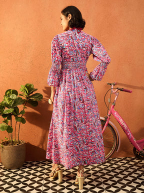 Pink Paisley V Neck Gathered Maxi Dress-Pink Paprika By SASSAFRAS