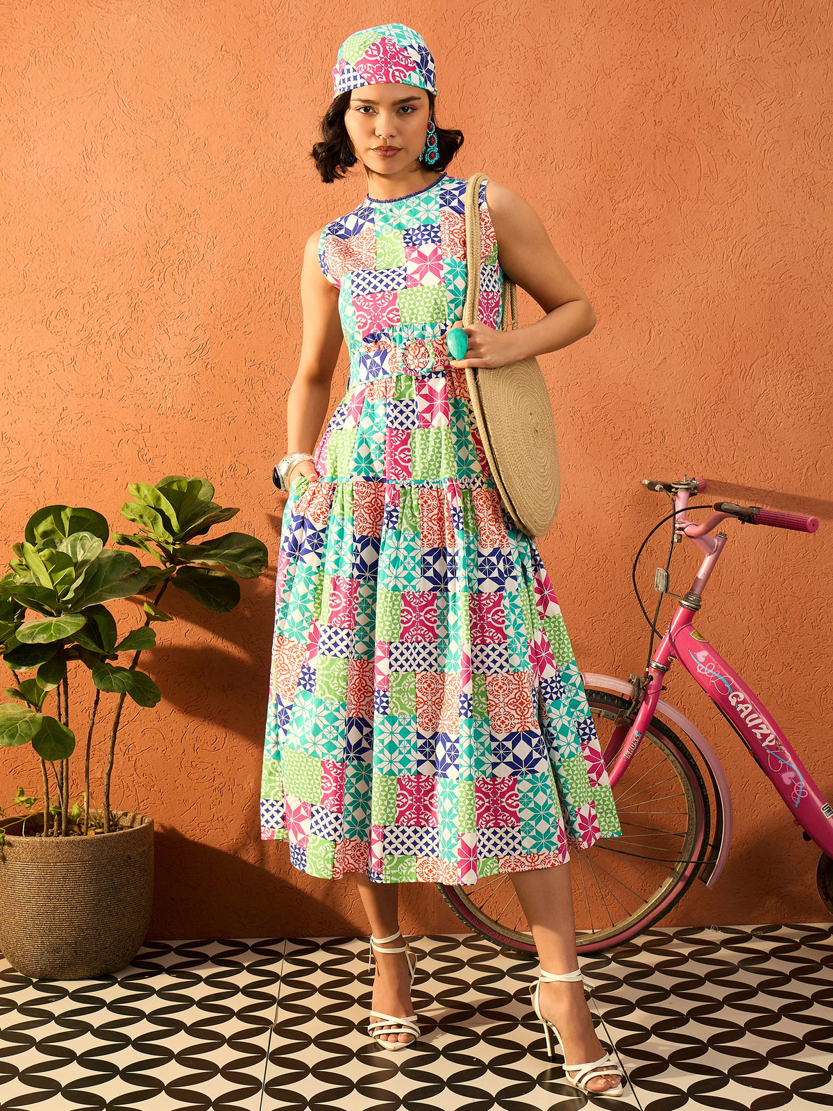White Multi Geometric Round Neck Tiered Midi Dress-Pink Paprika By SASSAFRAS