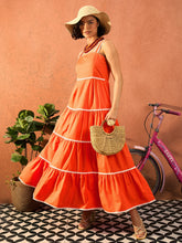 Orange Ric Rac Lace Strappy Tiered Maxi Dress-Pink Paprika By SASSAFRAS