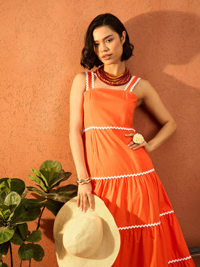 Orange Ric Rac Lace Strappy Tiered Maxi Dress-Pink Paprika By SASSAFRAS