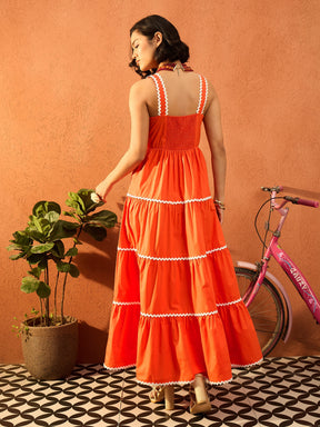 Orange Ric Rac Lace Strappy Tiered Maxi Dress-Pink Paprika By SASSAFRAS