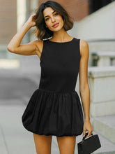 Black Rib Balloon Hem Detail Short Dress-SASSAFRAS