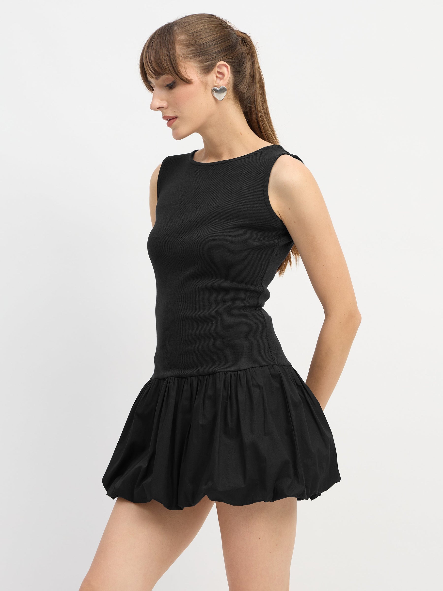 Black Rib Balloon Hem Detail Short Dress-SASSAFRAS