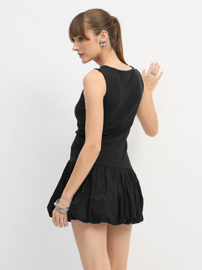 Black Rib Balloon Hem Detail Short Dress-SASSAFRAS