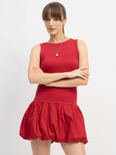 Red Rib Balloon Hem Detail Short Dress-SASSAFRAS