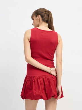 Red Rib Balloon Hem Detail Short Dress-SASSAFRAS
