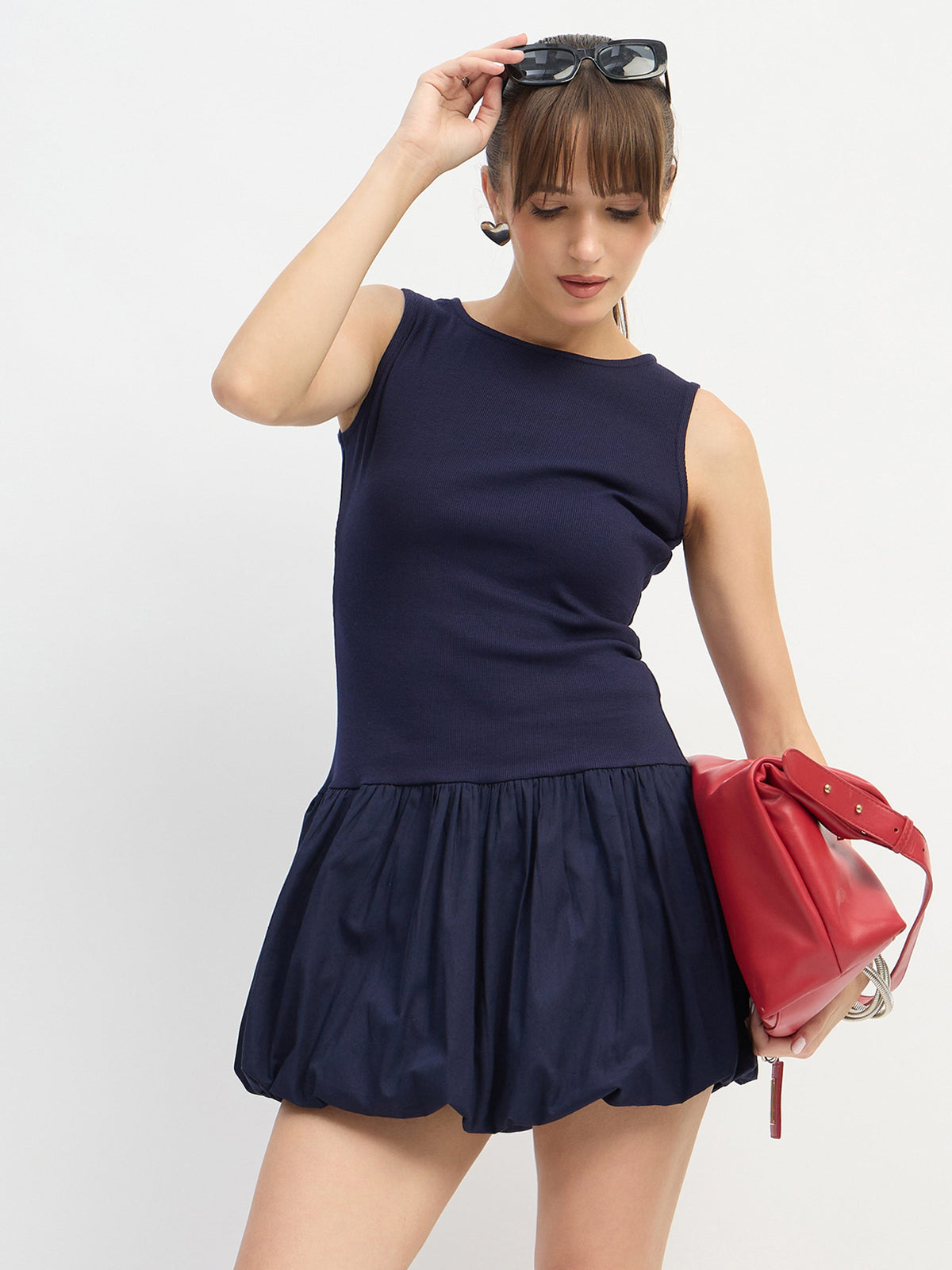 Navy Blue Rib Balloon Hem Detail Short Dress-SASSAFRAS