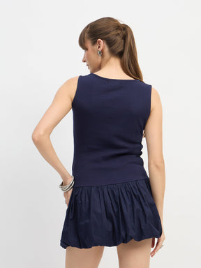 Navy Blue Rib Balloon Hem Detail Short Dress-SASSAFRAS
