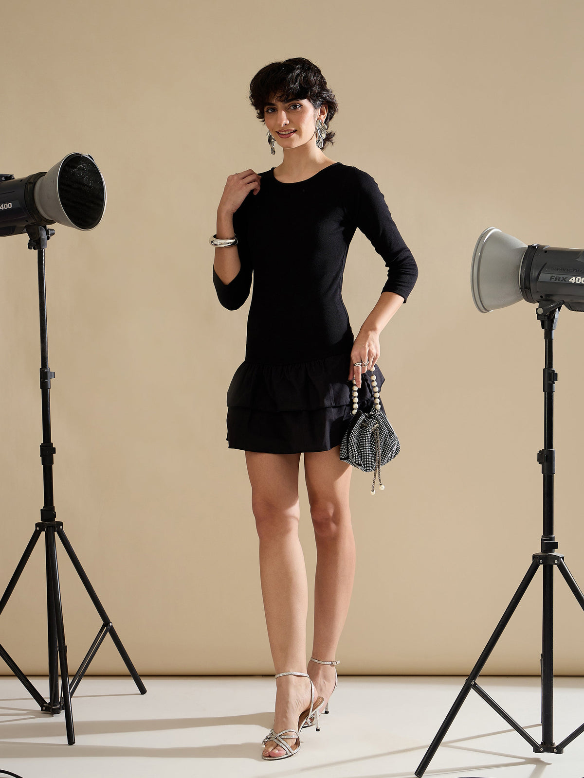 Black Rib Ruffle Hem Short Dress-SASSAFRAS