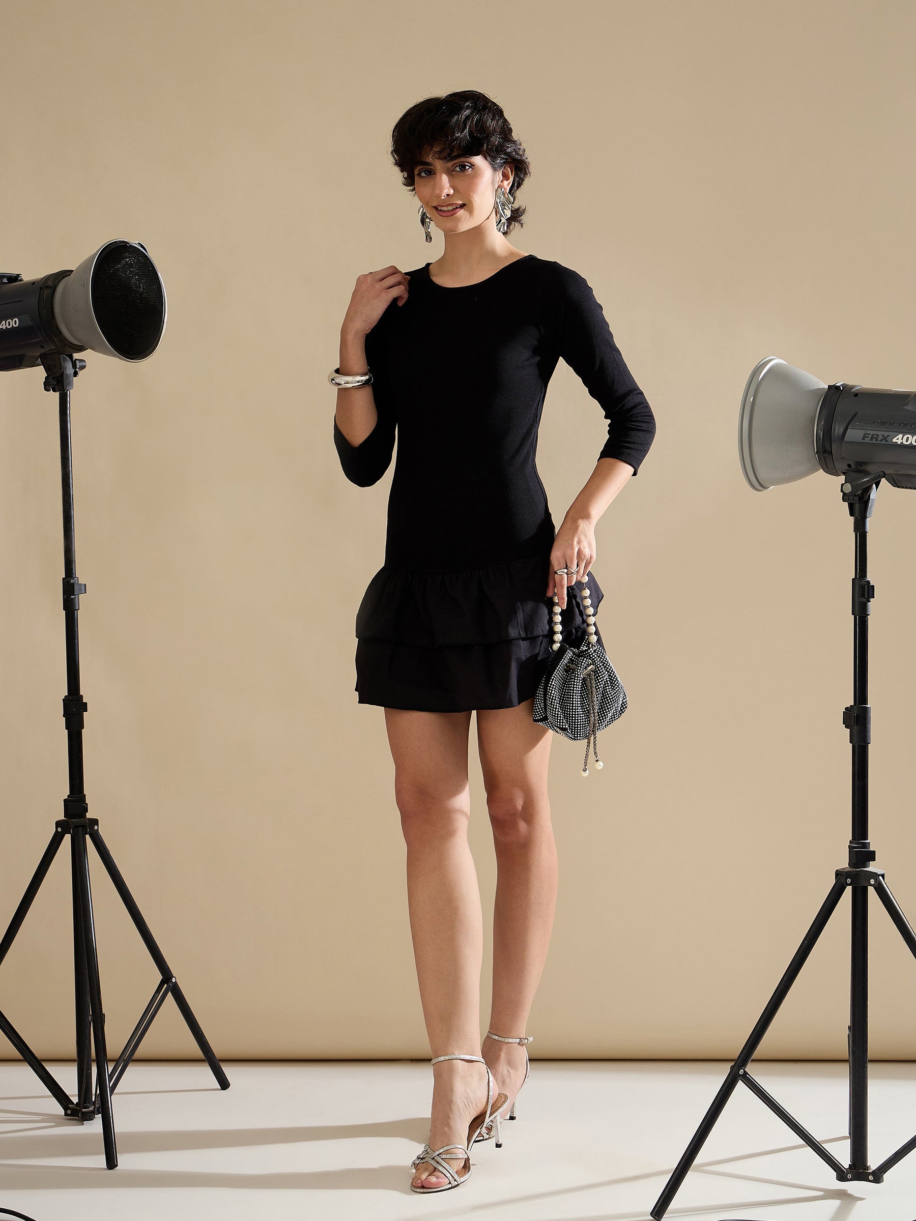 Black Rib Ruffle Hem Short Dress-SASSAFRAS