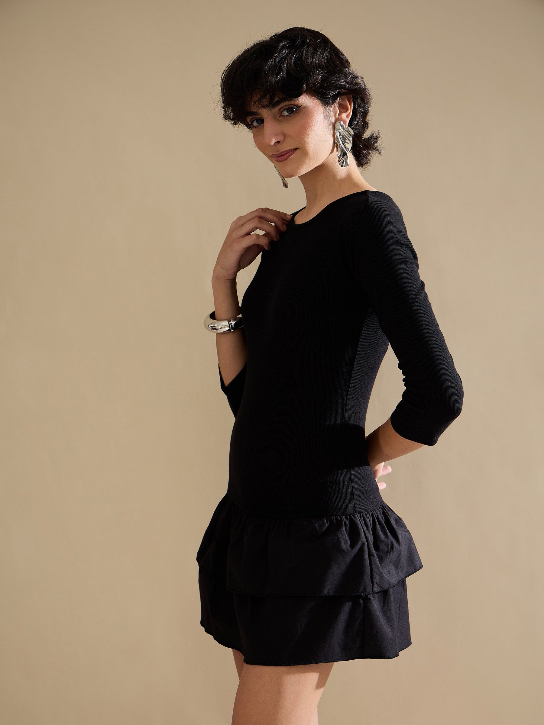 Black Rib Ruffle Hem Short Dress-SASSAFRAS