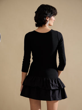 Black Rib Ruffle Hem Short Dress-SASSAFRAS