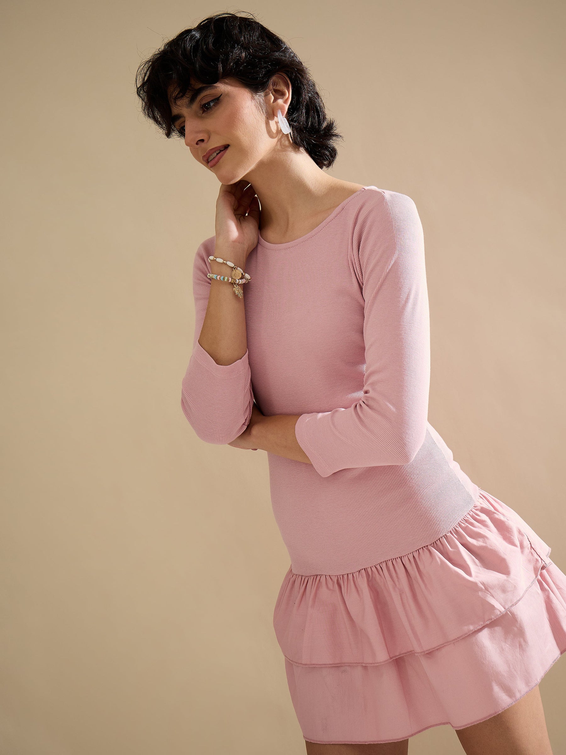 Pink Rib Ruffle Hem Short Dress-SASSAFRAS