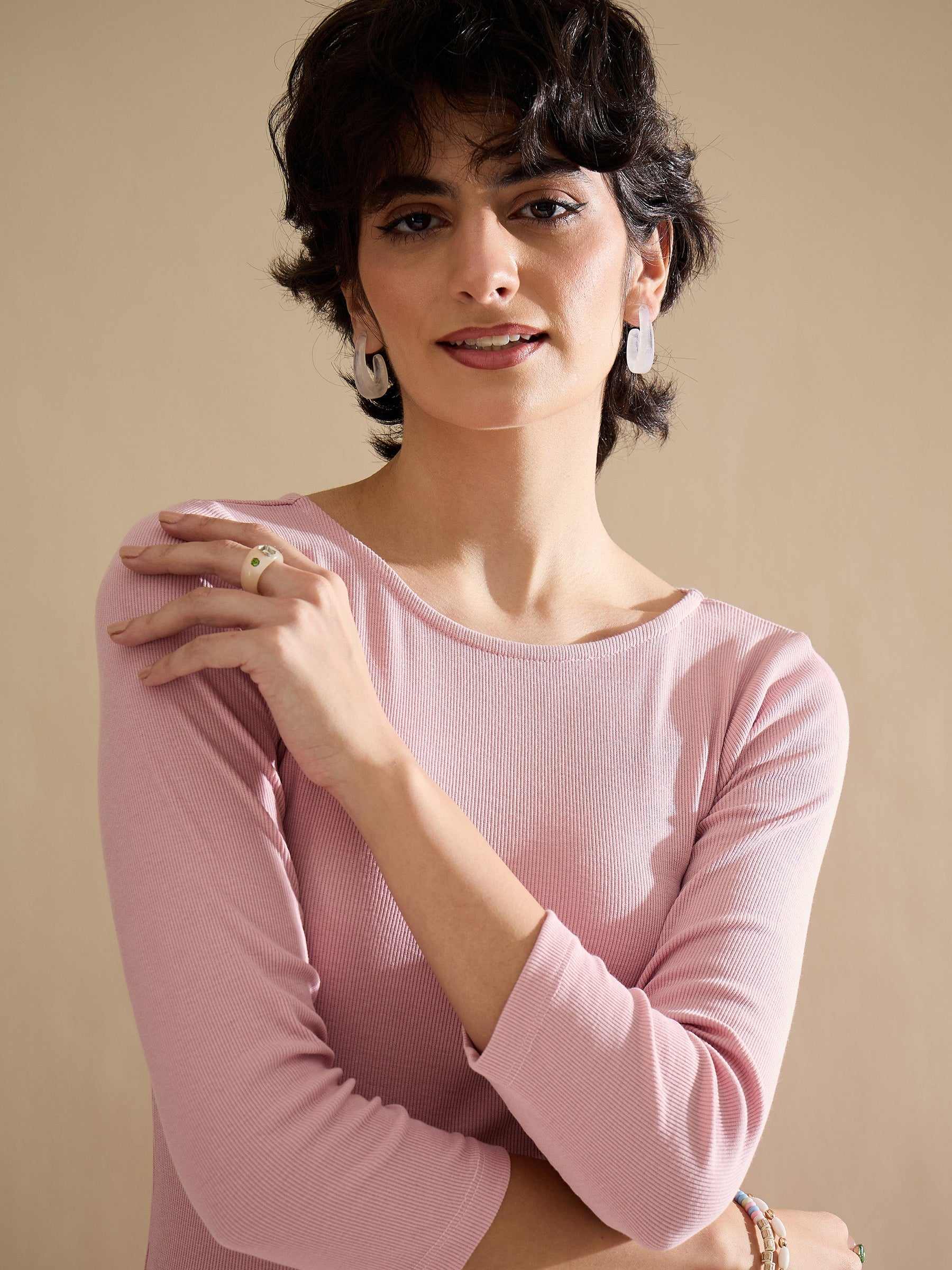 Pink Rib Ruffle Hem Short Dress-SASSAFRAS