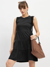 Black Jersey Sleeveless Tiered Short Dress-SASSAFRAS