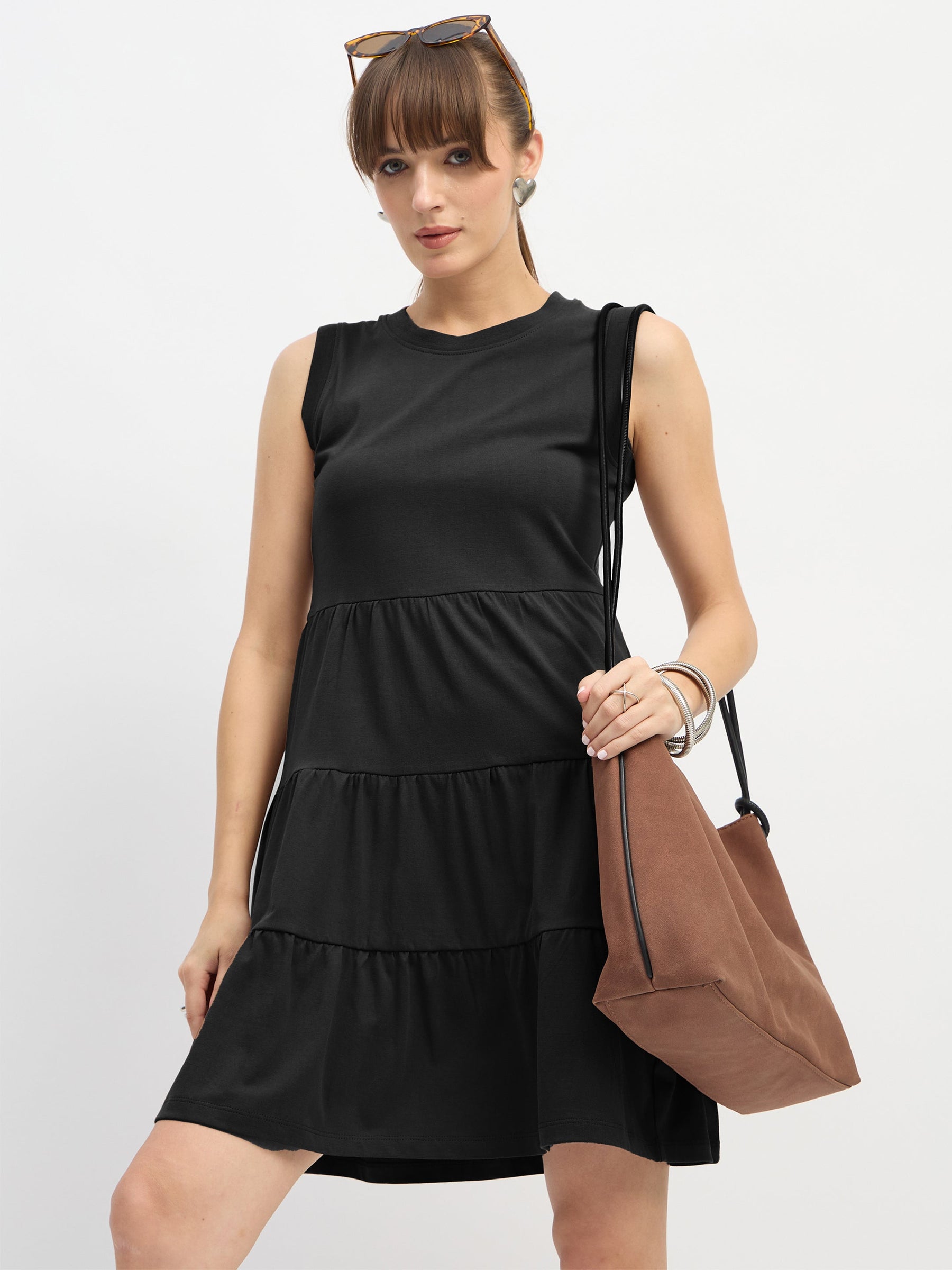 Black Jersey Sleeveless Tiered Short Dress-SASSAFRAS
