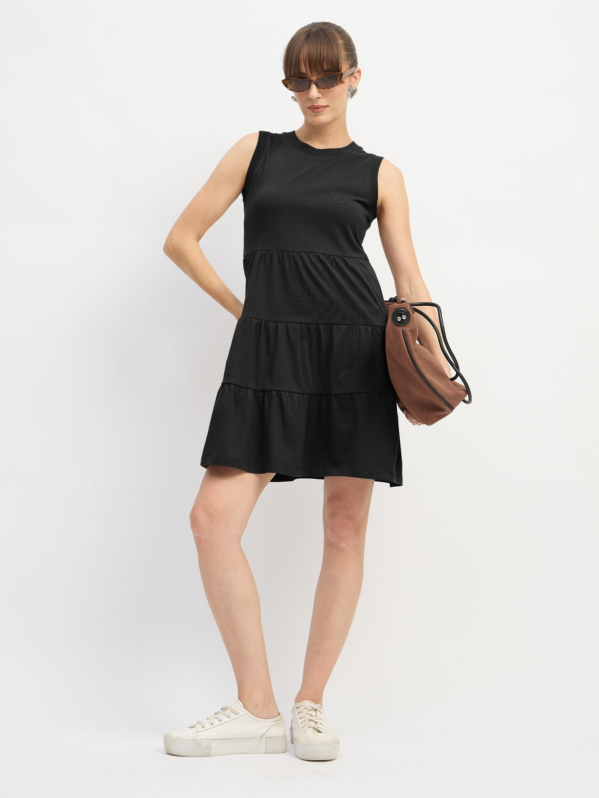 Black Jersey Sleeveless Tiered Short Dress-SASSAFRAS