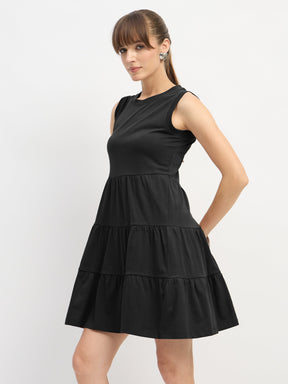 Black Jersey Sleeveless Tiered Short Dress-SASSAFRAS