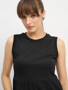 Black Jersey Sleeveless Tiered Short Dress-SASSAFRAS
