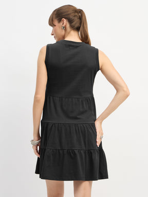 Black Jersey Sleeveless Tiered Short Dress-SASSAFRAS