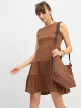 Brown Jersey Sleeveless Tiered Short Dress-SASSAFRAS