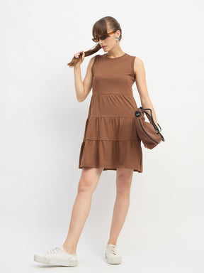 Brown Jersey Sleeveless Tiered Short Dress-SASSAFRAS