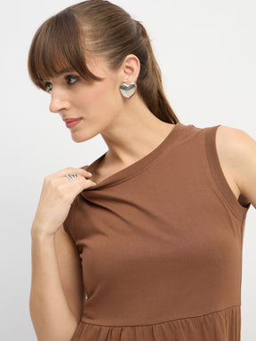 Brown Jersey Sleeveless Tiered Short Dress-SASSAFRAS