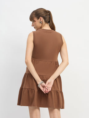 Brown Jersey Sleeveless Tiered Short Dress-SASSAFRAS