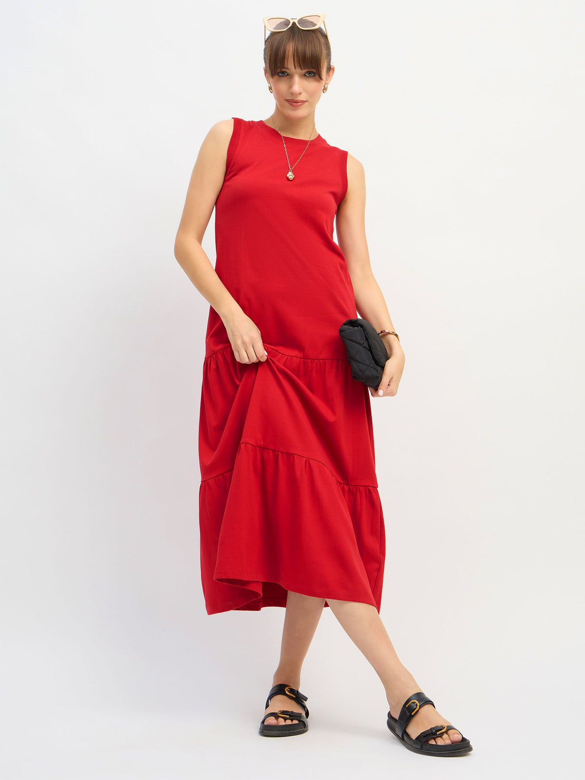 Red Sleeveless Tiered Midi Dress-SASSAFRAS