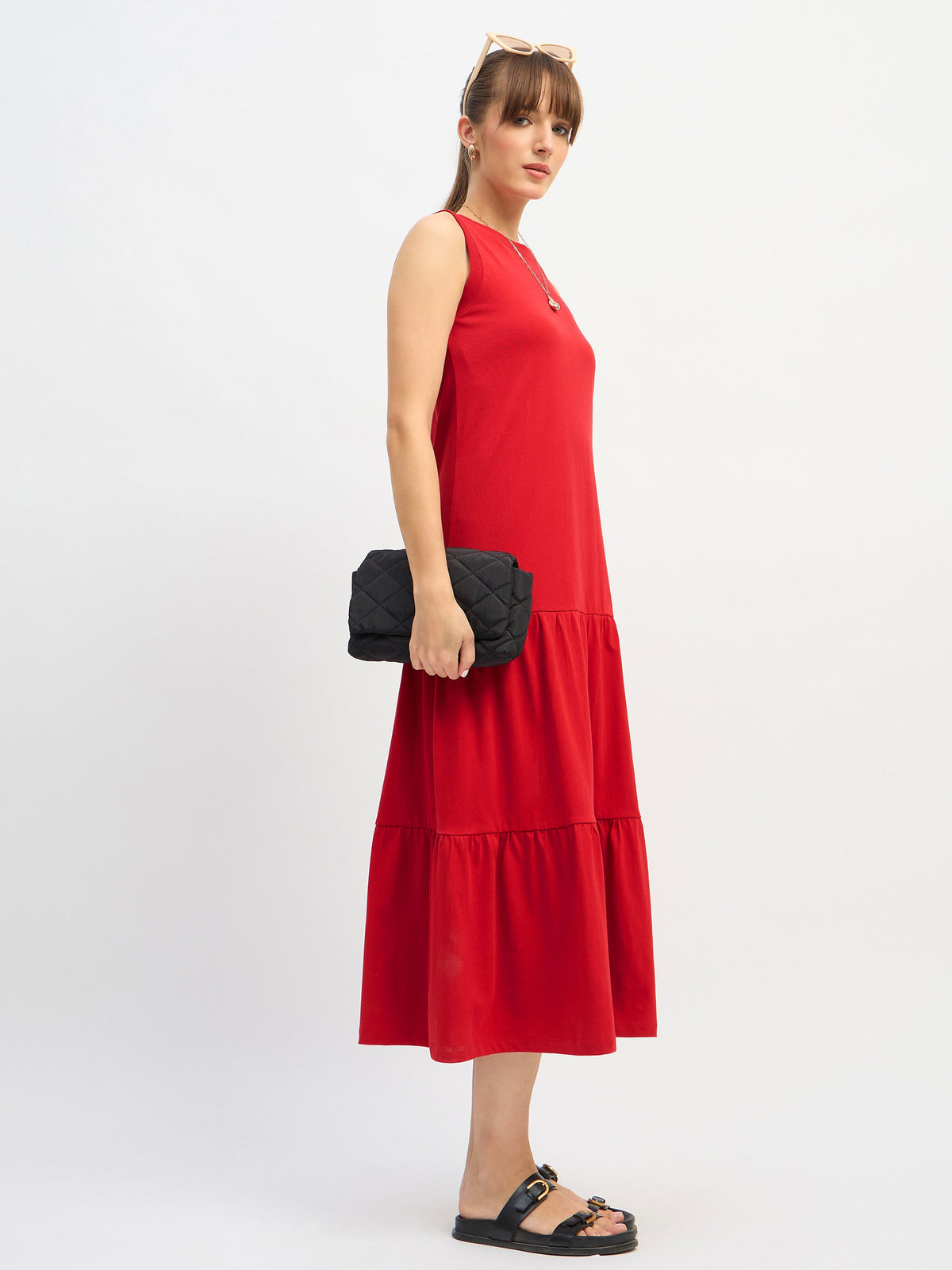 Red Sleeveless Tiered Midi Dress-SASSAFRAS
