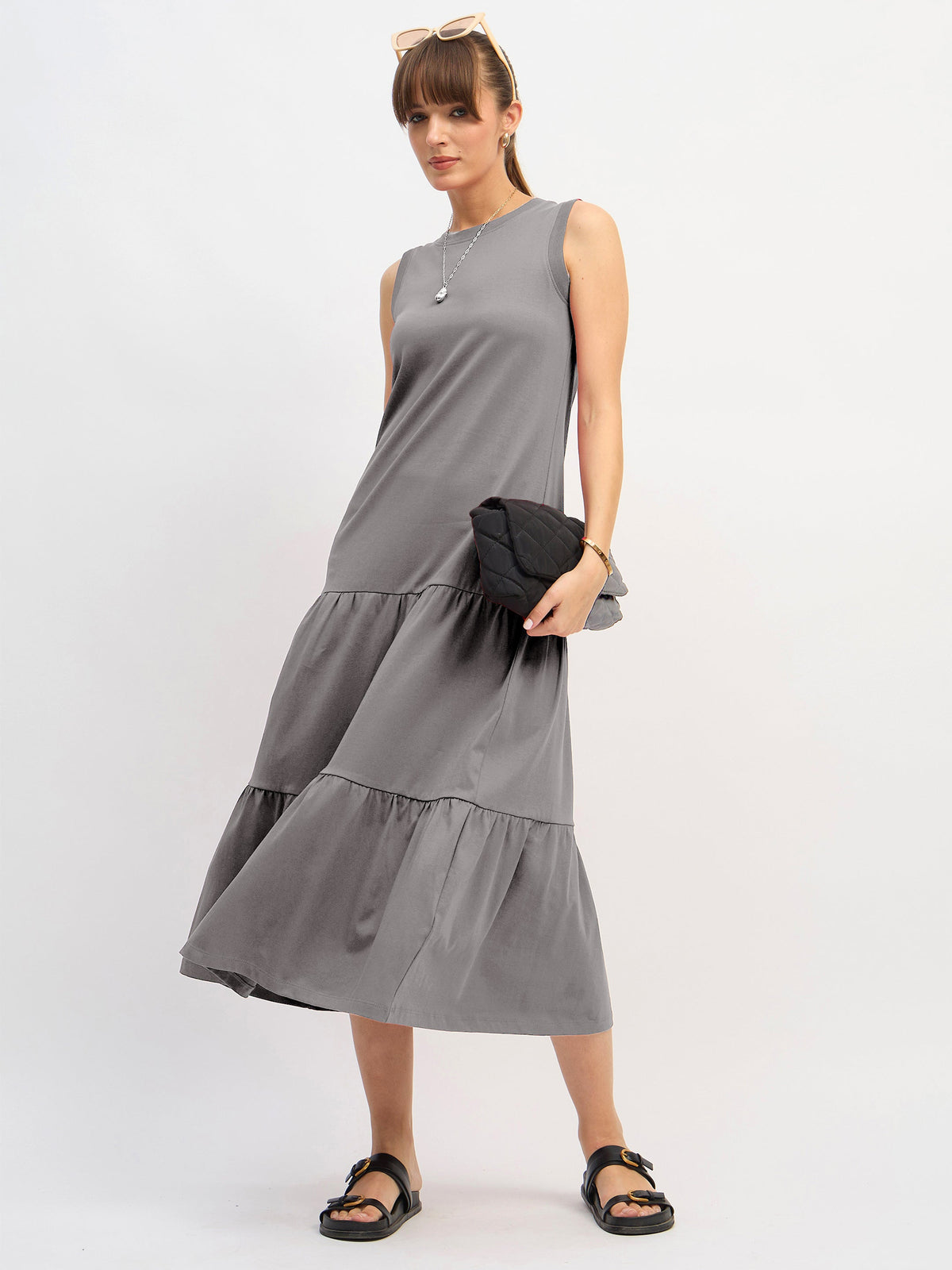 Grey Sleeveless Tiered Midi Dress-SASSAFRAS
