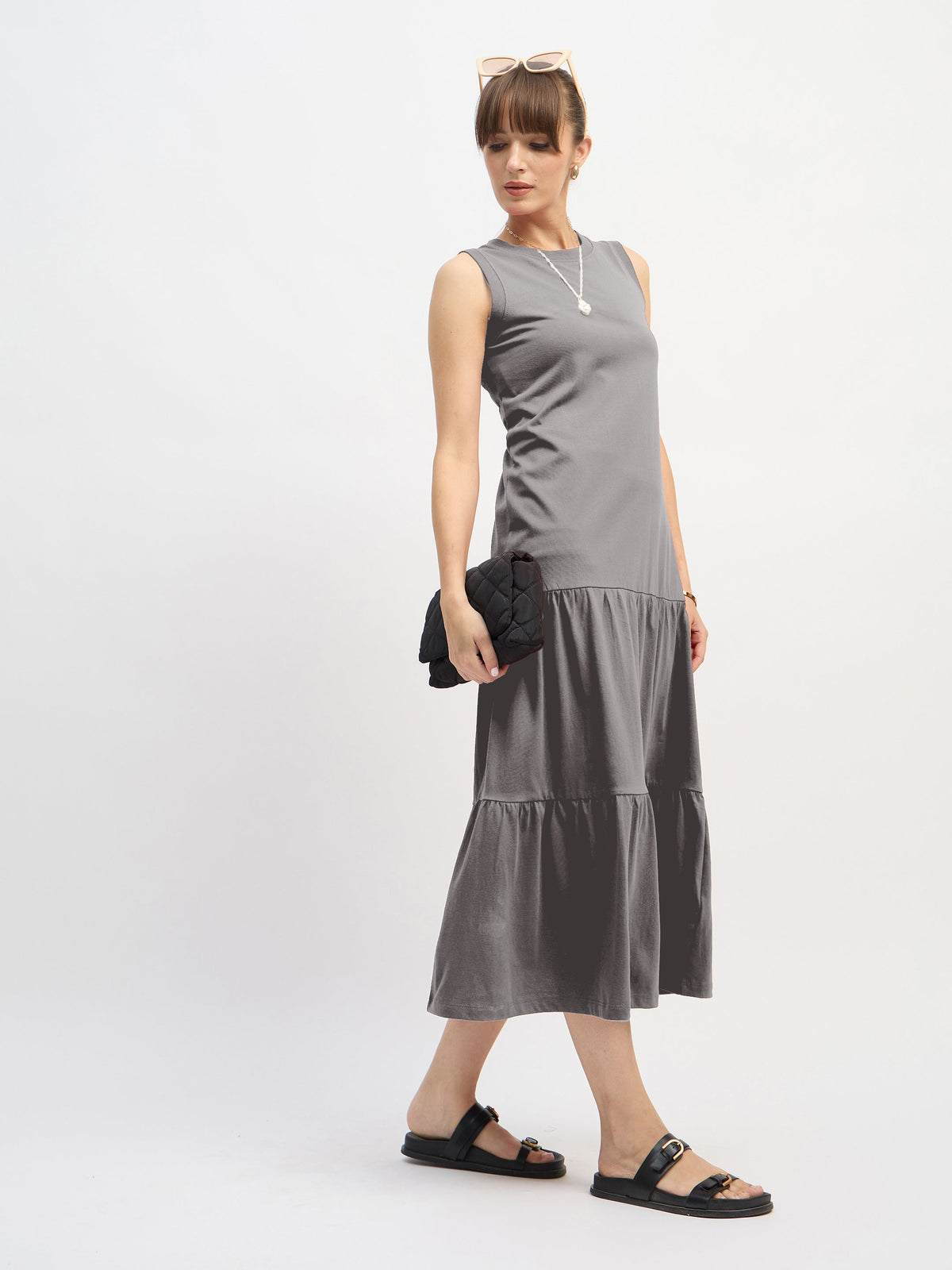 Grey Sleeveless Tiered Midi Dress-SASSAFRAS