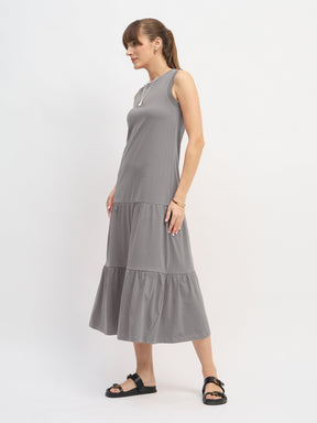 Grey Sleeveless Tiered Midi Dress-SASSAFRAS