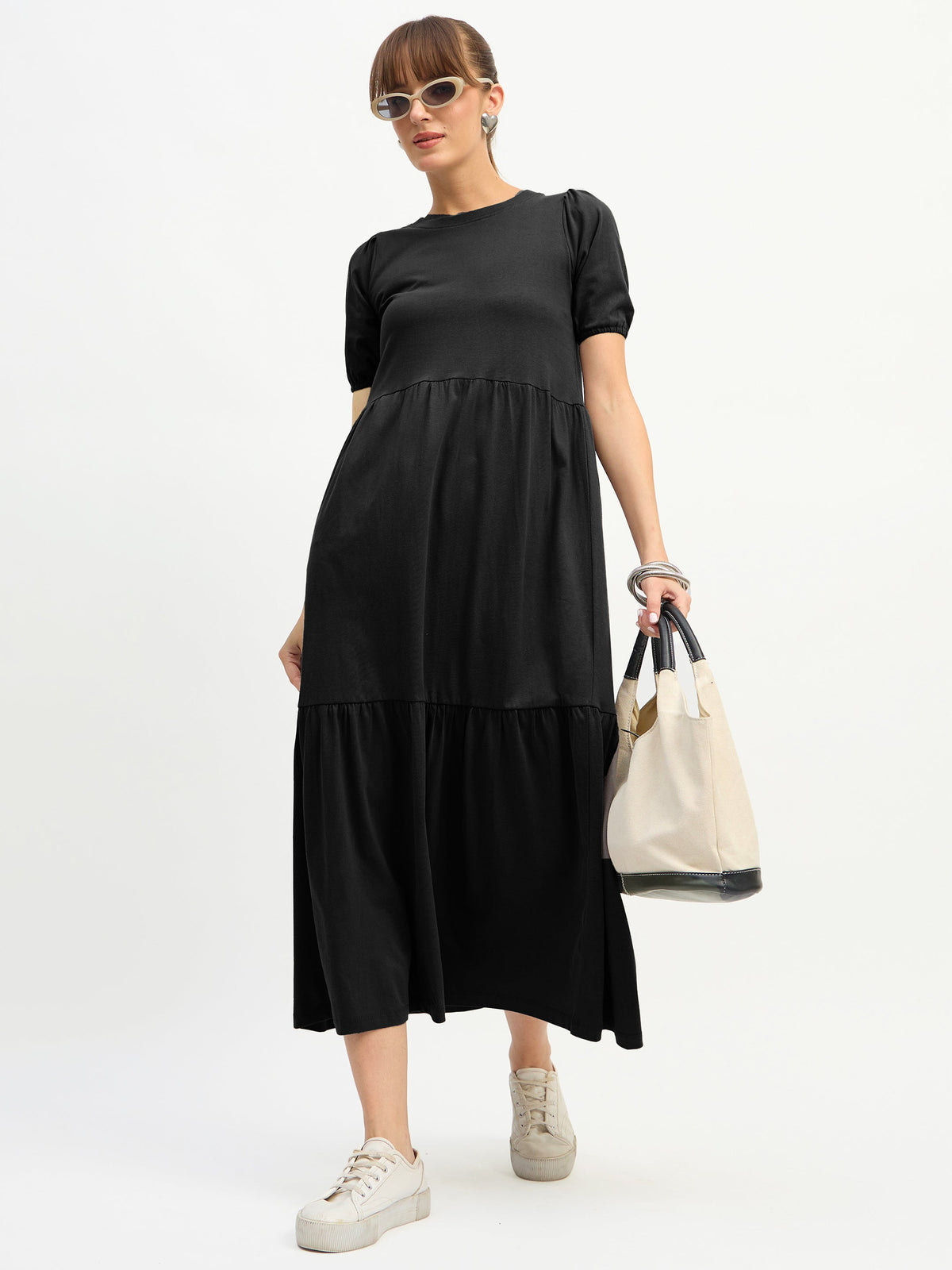 Black Puff Sleeve Midi Dress-SASSAFRAS